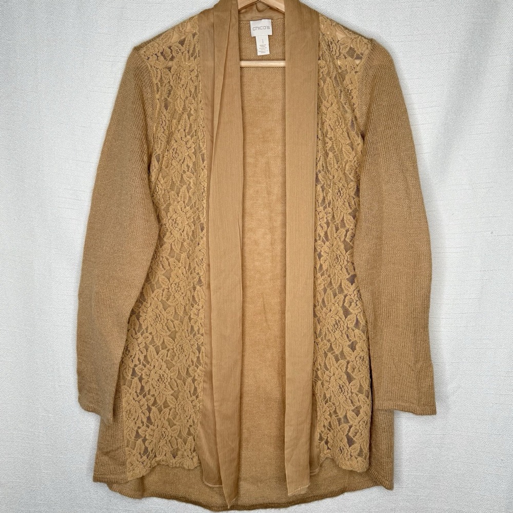 Chicos Luxe Lace Harriet Cardigan‎ Sweater Camel Womens Size 1 (M/8) Wool Mohair